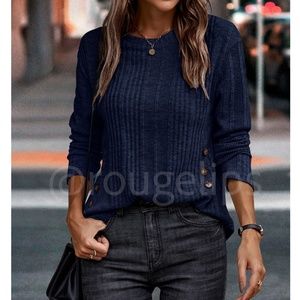 Navy Blue Rib Knit Long Sleeve Tee Shirt Decorative Buttons
